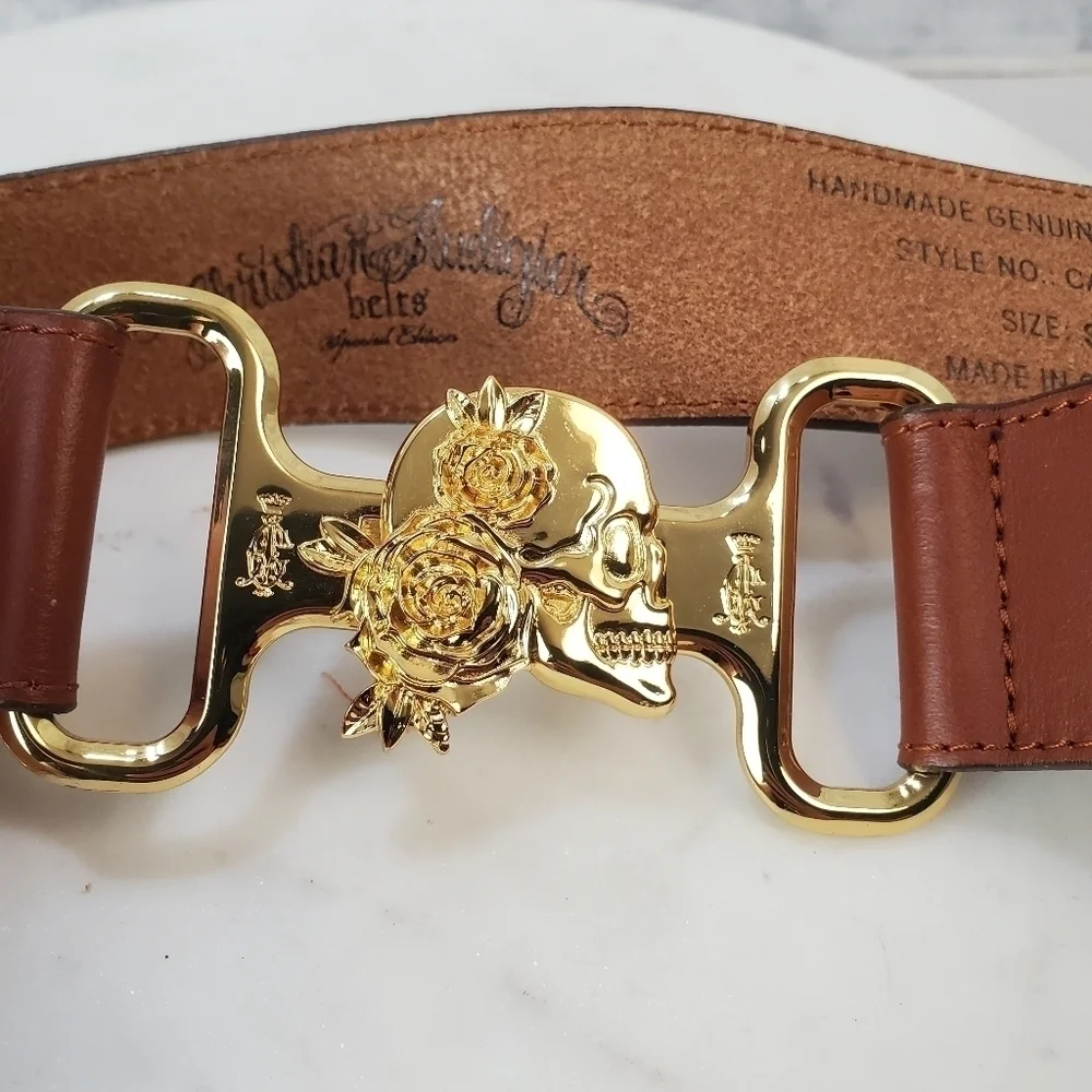 Christian Audigier Small Brown Leather Belt Skulls Roses Gold Halloween 90s Rare